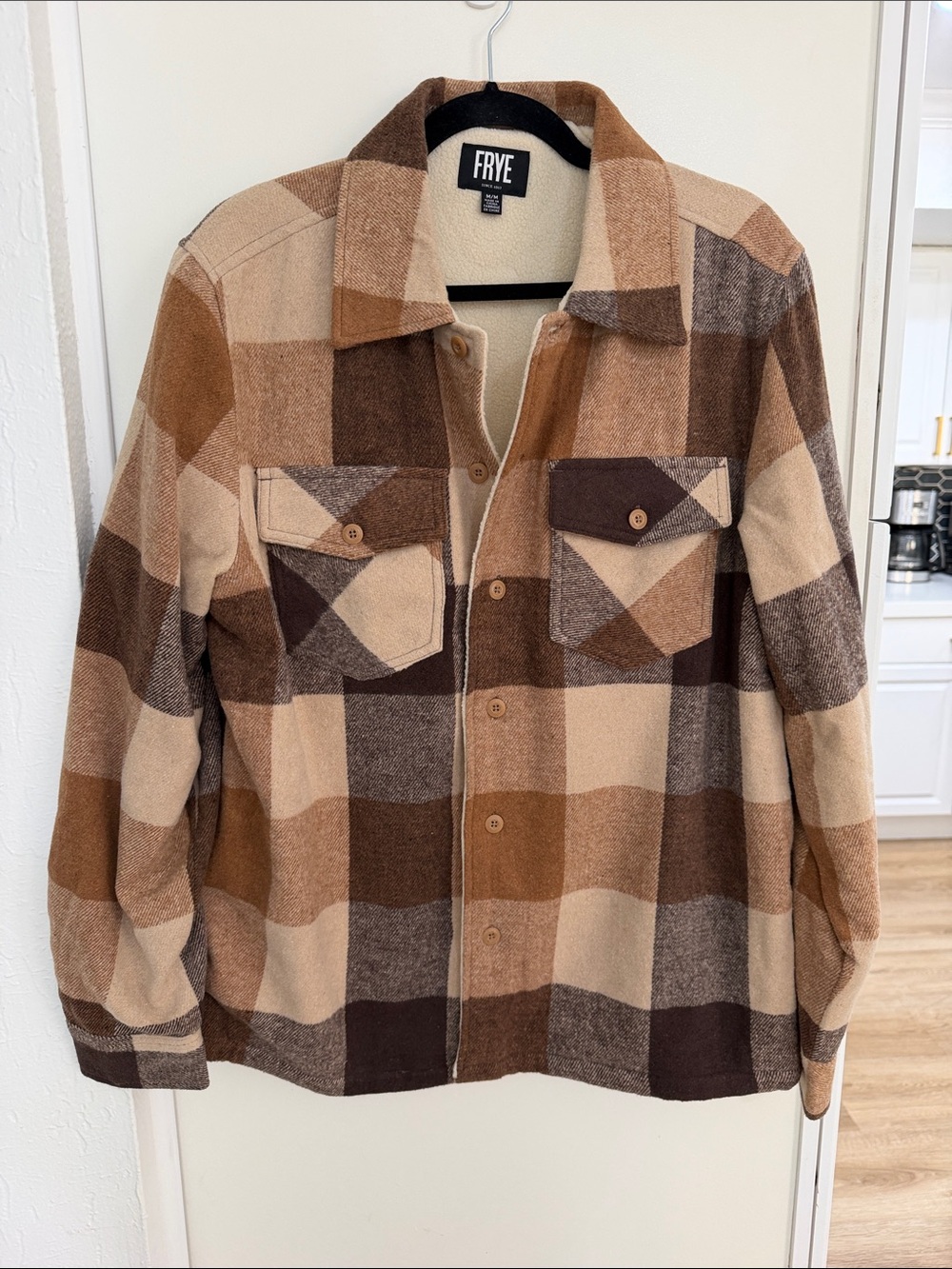 NWT Frye Men's Sherpa Lined Flannel Shirt Jacket Tan Plaid Shacket | M